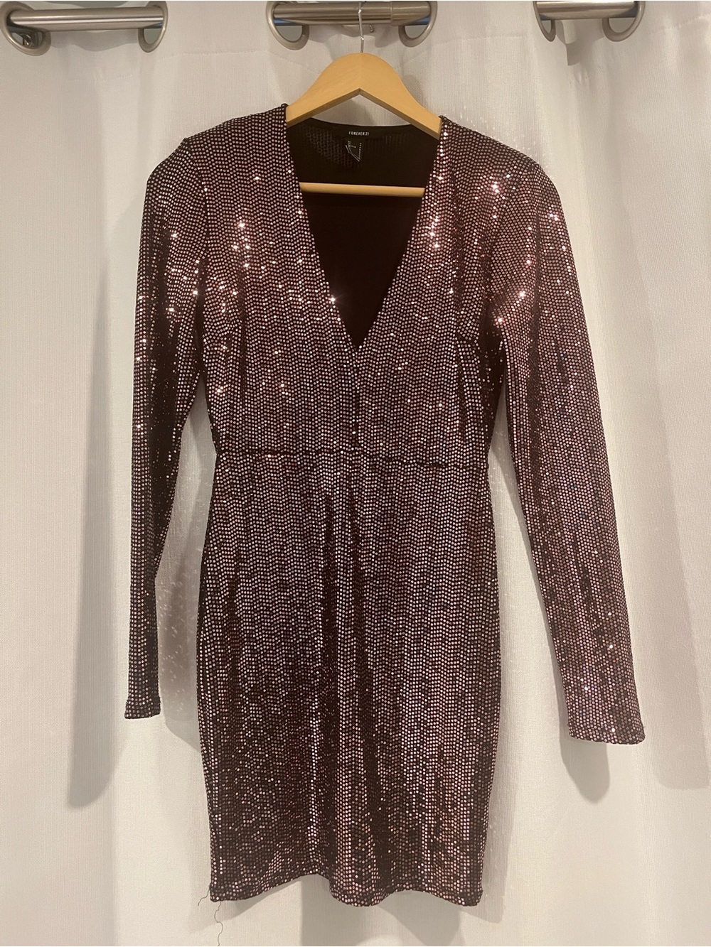 Forever 21 Rose Metallic Sequin Long Sleeve V‑Neck Dress